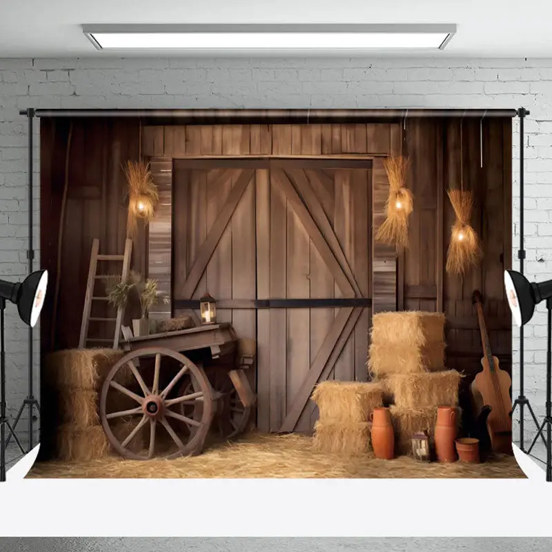 Rustic Hay Cart Wooden Barn Door Backdrop For Photo - Aperturee