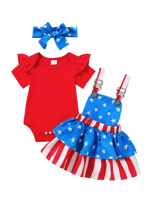 Baby 4th of July Independence Day Clothing Set Baby Girls 0-24 Months Romper and Strap Skirt and Headband Clothing Babygirl C...