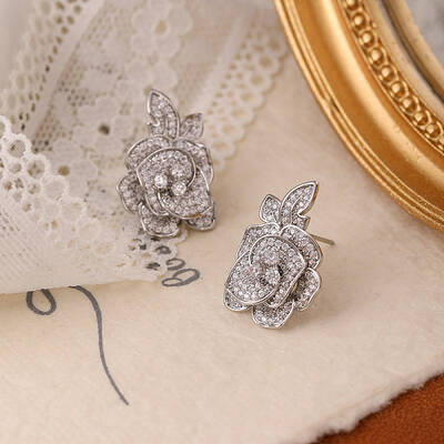 Flower Brass Micro Pave Clear Cubic Zirconia Stud Earrings