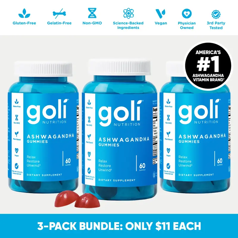 3 Bottles of Goli Ashwagandha & Vitamin D Gummy - Mixed Berry, KSM-66, Vegan, Plant Based, Non-GMO, Gluten & Gelatin Free