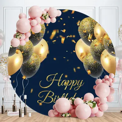 Aperturee Black And Gold Glitter Round Birthday Backdrop