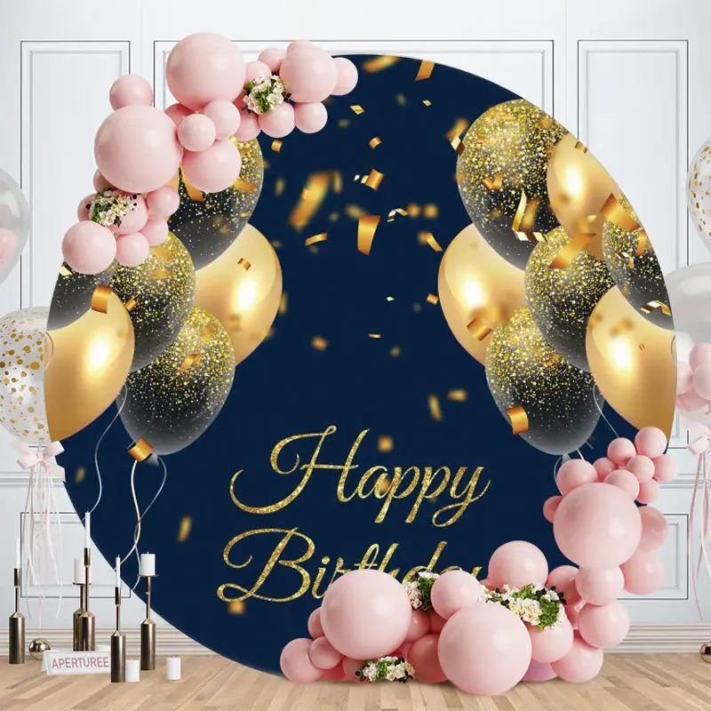 Aperturee Black And Gold Glitter Round Birthday Backdrop