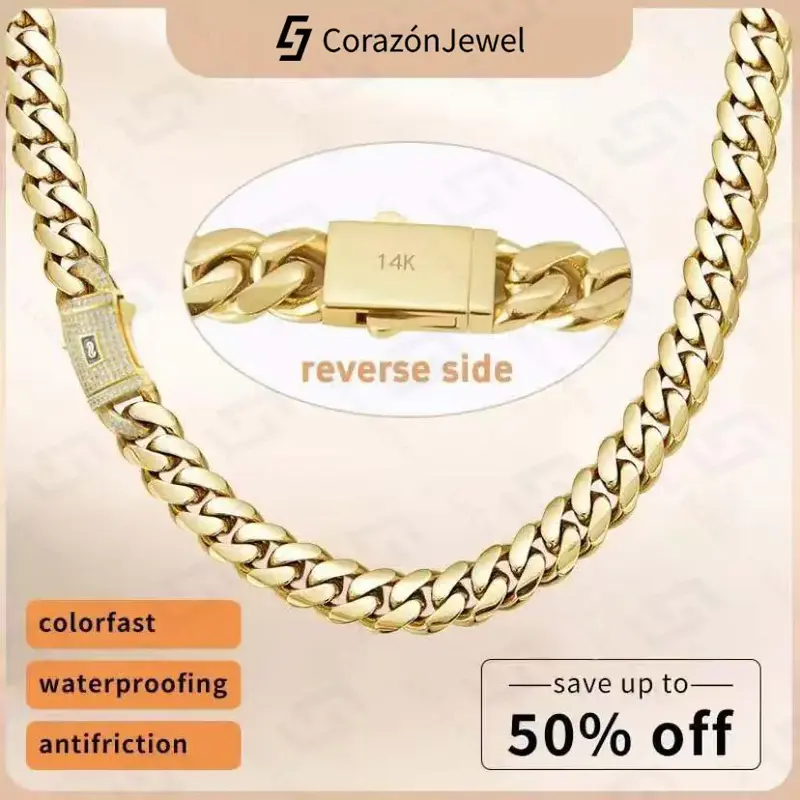 CorazónJewel Mens/Women 14K Gold Plated Cuban Link Necklace Stainless Steel Miami Thick Necklace Hip Hop Jewelry 6/8/10/12/1...