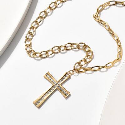 304 Stainless Steel Crystal Rhinestone Cross Pendant Cable Chain Necklaces