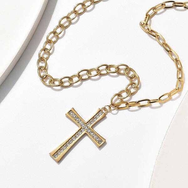 304 Stainless Steel Crystal Rhinestone Cross Pendant Cable Chain Necklaces