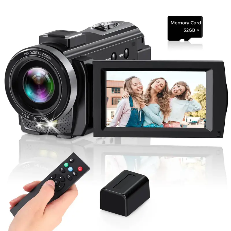 1080P Digital Video Camera, 24MP Pixel 270 Degree Rotatable 16X Digital Zoom Video Camcorders with 32G Memory Card, Retro Hig...