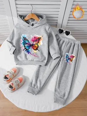 Girls' Fall & Winter Fleece Lined 2-Piece Set, Long Sleeve Hooded Sweatshirt, Colorful Butterfly Print, Casual Fit, Ideal Gif...