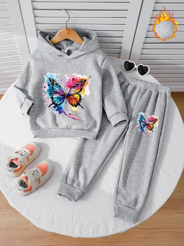 Girls' Fall & Winter Fleece Lined 2-Piece Set, Long Sleeve Hooded Sweatshirt, Colorful Butterfly Print, Casual Fit, Ideal Gif...