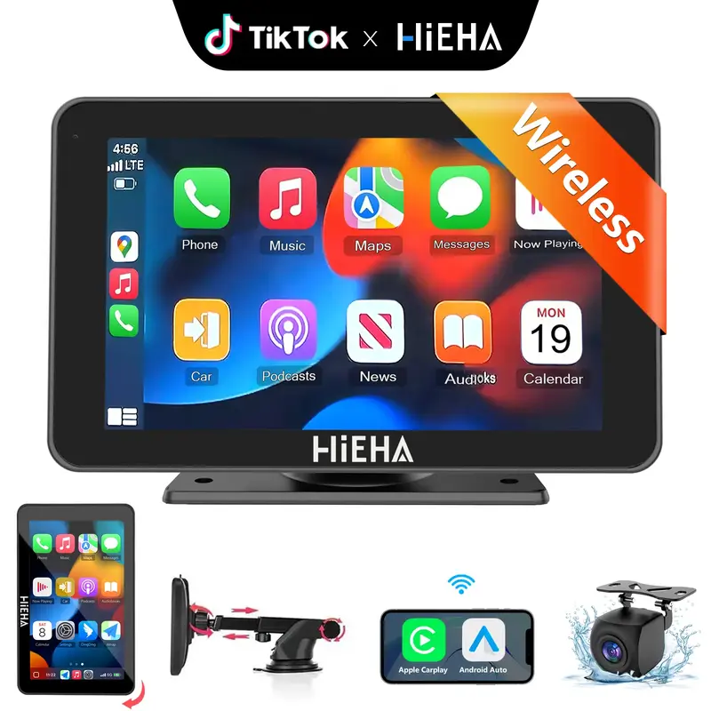 Hieha 2025 Upgraded Wireless Carplay Stereo with Suction Mount, Rear Camera, Seamless Mirrorlink, Supports Landscape & Portra...