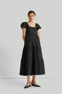 Puff Sleeve Tiered Maxi Dress in Black | Color: Black | Size: 2XL