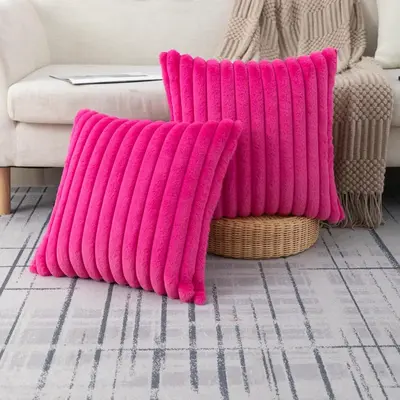 Solid Color Faux Fur Throw Pillow Covers Set of 2 Fluffy Striped Pillowcase Cushion Covers for Sofa Couch Bedroom 18x18 Inch