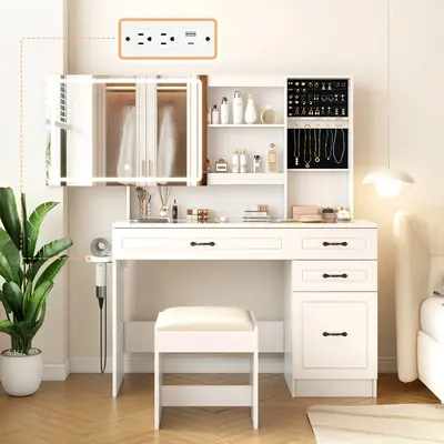 AMERLIFE Makeup Vanity Table Set with Sliding & LED Lighted Mirror, 45\