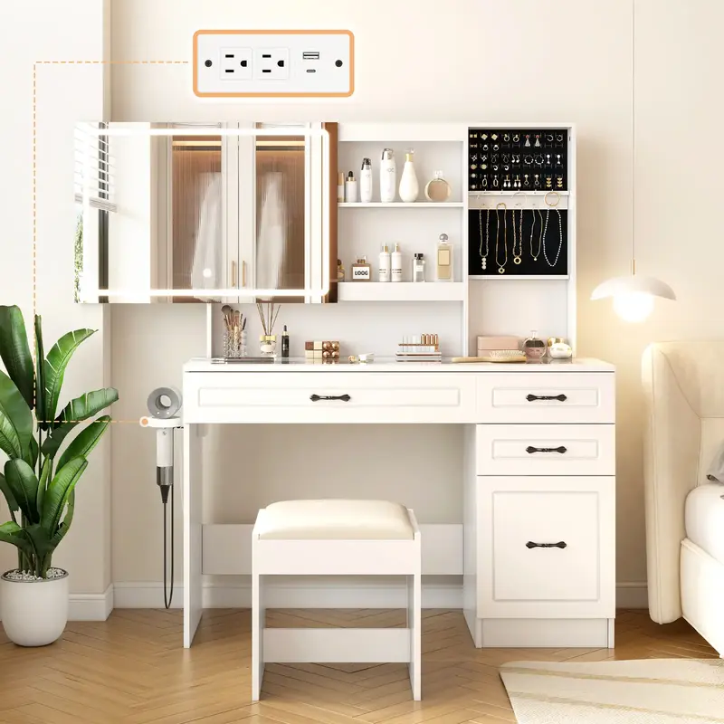 AMERLIFE Makeup Vanity Table Set with Sliding & LED Lighted Mirror, 45\