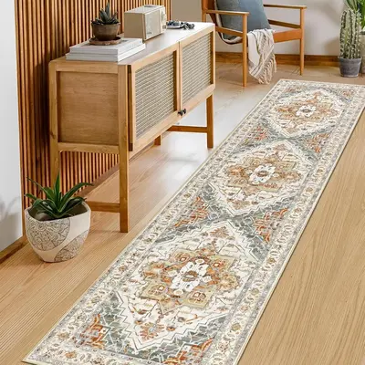 Vintage Runner Rug, Washable Throw Rug, Non Slip Medallion Mats, Soft Fluffy Low Pile for Laundry Room Kitchen Hallway Bedroo...