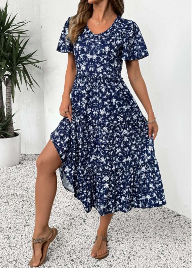 Modlily Navy Ditsy Floral Print Short Sleeve V Neck Dress - M