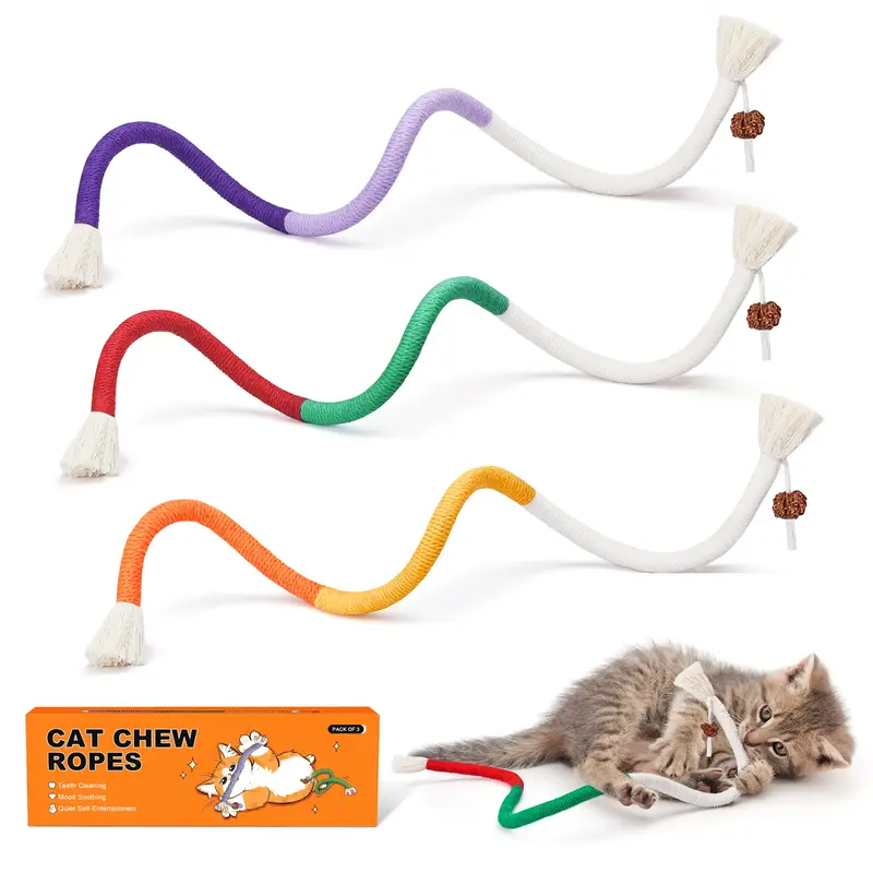 Potaroma Cat Toys Chew Ropes 3Pcs, Safe Teeth Cleaning Toy for Indoor Kittens, Interactive Kitty Toys