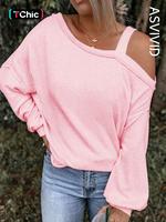Women's Plain Asymmetrical Neck Sweatshirt, Loose Fit Casual Drop Shoulder Long Sleeve Pullover for Spring & Fall, Ladies Cl...