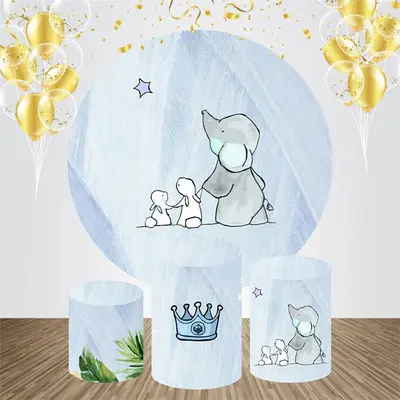 Blue Elephant Rabbit Round Baby Shower Backdrop Kit - Aperturee