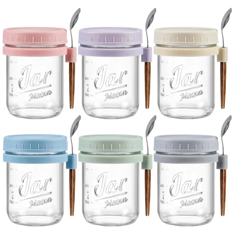 Jar Keeper 6 or 4 Pack Overnight Oats Containers with Lids and Spoons, 16 oz Glass Mason Jars, Airtight, Large Capacity for K...
