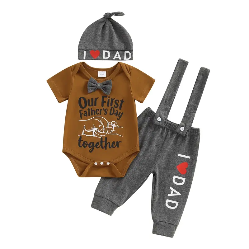 Baby Boys Father Day Outfit Sets Short Sleeve Crew Neck Letter Print Romper Suspender Pants Hat Sets