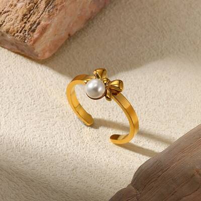 304 Stainless Steel Plastic Pearl Open Cuff Ring for Women