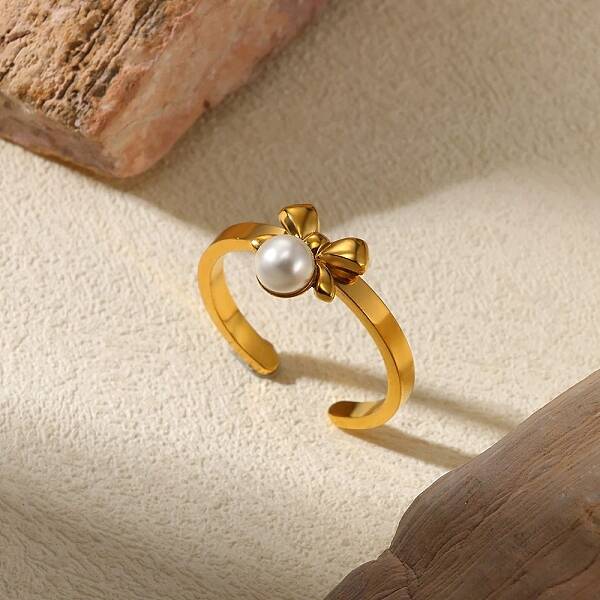 304 Stainless Steel Plastic Pearl Open Cuff Ring for Women