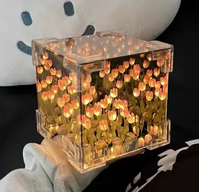 Tulip Night Light DIY Cube Tulip Mirror Lamp Led Decorative Nights Lamp for Bedroom Mirror Lamp Magic Cube Tulips Flower Tabl...