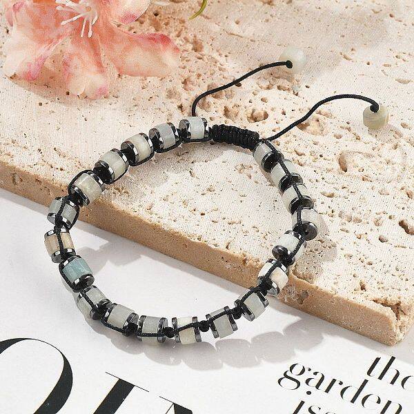 Adjustable Natural Flower Amazonite and Non-magnetic Synthetic Hematite Braided Bead Bracelets