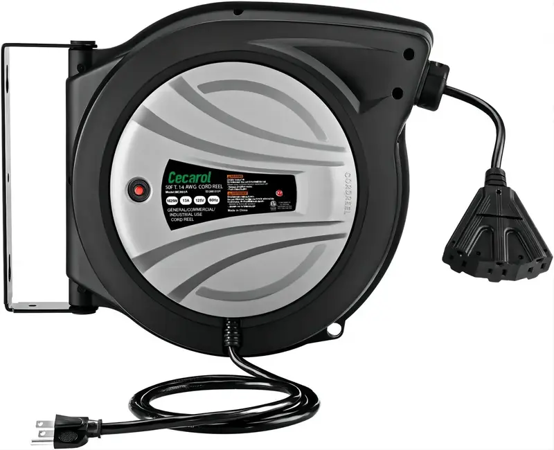 Cecarol Extension Cord Reel 14AWG/3C SJTOW 50FT Retractable Cord with Triple Tap, 13A/ 125V/ 1625W, Slow Retraction Tech, Cir...