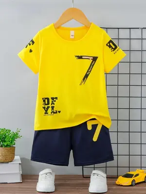 Two-piece Set Boy's Letter Print Short Sleeve Tee & Track Shorts Set, Casual Round Neck T-shirt & Elastic Waist Shorts, Summe...