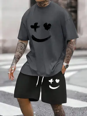 Two-Piece Set Men's Summer Thin Loose Cartoon Print Tee & Drawstring Shorts Set, Lounge Set, Casual Summer Clothes 2 Piece O...
