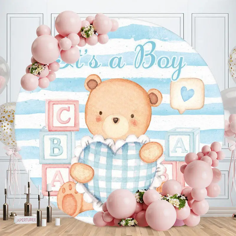 Aperturee Round Its A Boy Bear Blue Baby Shower Backdrop