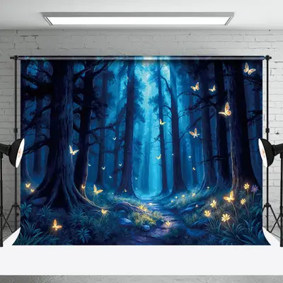 Aperturee Lighted Butterfly Night Forest Photography Backdrop, 3X2FT(1MX0.6M), 14 USD, forest backdrops, NYHD1J00-M