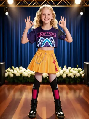 K-Pop Mira Cool Short Sleeve Crop Top Skirt Set, Halloween Girls Trendy Costume, All Seasons Fitted Moderate Fabric Clothes