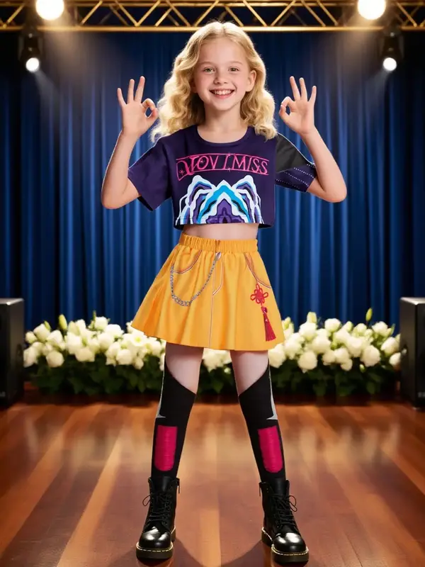 K-Pop Mira Cool Short Sleeve Crop Top Skirt Set, Halloween Girls Trendy Costume, All Seasons Fitted Moderate Fabric Clothes