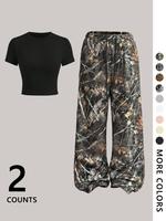 Women's Crop Tee & Wide Leg Pants Two-piece Set, Casual Fashion Cozy Round Neck Short Sleeve T-shirt & Trousers for Daily Out...