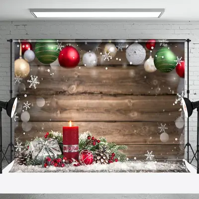 Aperturee Green Red Bell Snowy Wooden Bokeh Christmas Backdrop | Xmas Backdrop | Christmas Scenic Backgrounds | Christmas Pho...