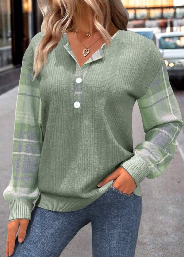 Modlily Green Button Plaid Long Sleeve Split Neck Sweatshirt - XXL