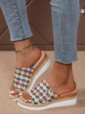 Women's Summer Boho Style Braided Design Comfort High Heel Walking Sandals, Fashionable Casual Beach Vacation Sandals, Trendy...