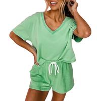 Mntaor Women's Casual Solid 2 Piece Sets Mint Green V Neck Drop Shoulder Tee and Patchwork Drawstring Shorts Set, Women's Clo...