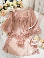 Two-Piece Set Women's Contrast Lace Belted Robe & Cami Nightdress, Long Sleeve Open Front Outerwear & Nightgown, Ladies Sleep...