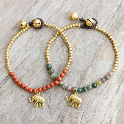 NOVICA Stylish Elephants Jasper and Elephant Charm on Pair of Brass Beaded Bracelets
