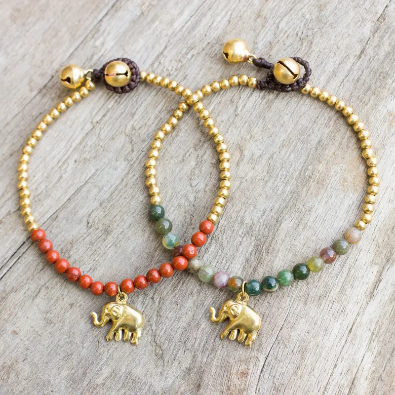 NOVICA Stylish Elephants Jasper and Elephant Charm on Pair of Brass Beaded Bracelets