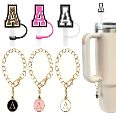 Letter Design Chain Charm and Straw Cover Cap Set, 6 Counts Including 3 Initial Letter Charm and 3 Straw Top Cover for Tumble...