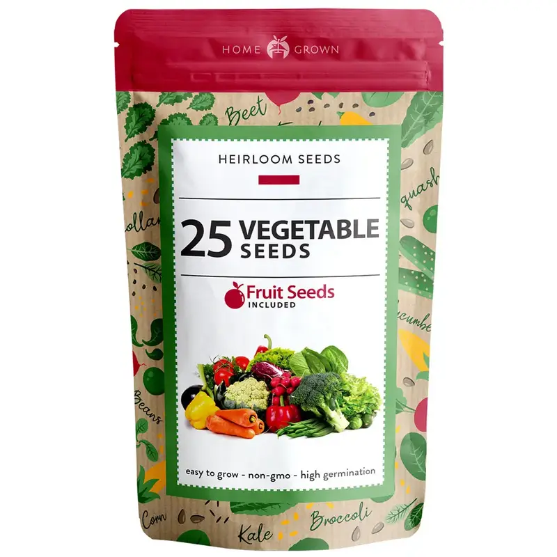 Home Grown Heirloom Vegetable Seeds - 25 Non-GMO Varieties - 12k+ Gardening Seeds for All Seasons - Waterproof Mylar Pouch fo...