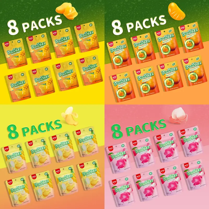 (8 Packs)AMOS Gummy  Peelerz Gummy Peelable  Gummy , Fruit Candy, Resealable 2.54 oz Bag Snack Bonbon Sweet Soft Mango Candie...