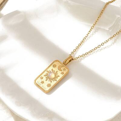 304 Stainless Steel Pave Opalite Rectangle Pendant Necklaces for Women Men