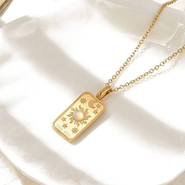 304 Stainless Steel Pave Opalite Rectangle Pendant Necklaces for Women Men