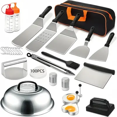 128pcs Stainless Steel BBQ Grill Accessory Kit, Food-Safe BBQ Tools Set, with Spatulas, Tongs, Basting Brush, Egg Rings, and ...