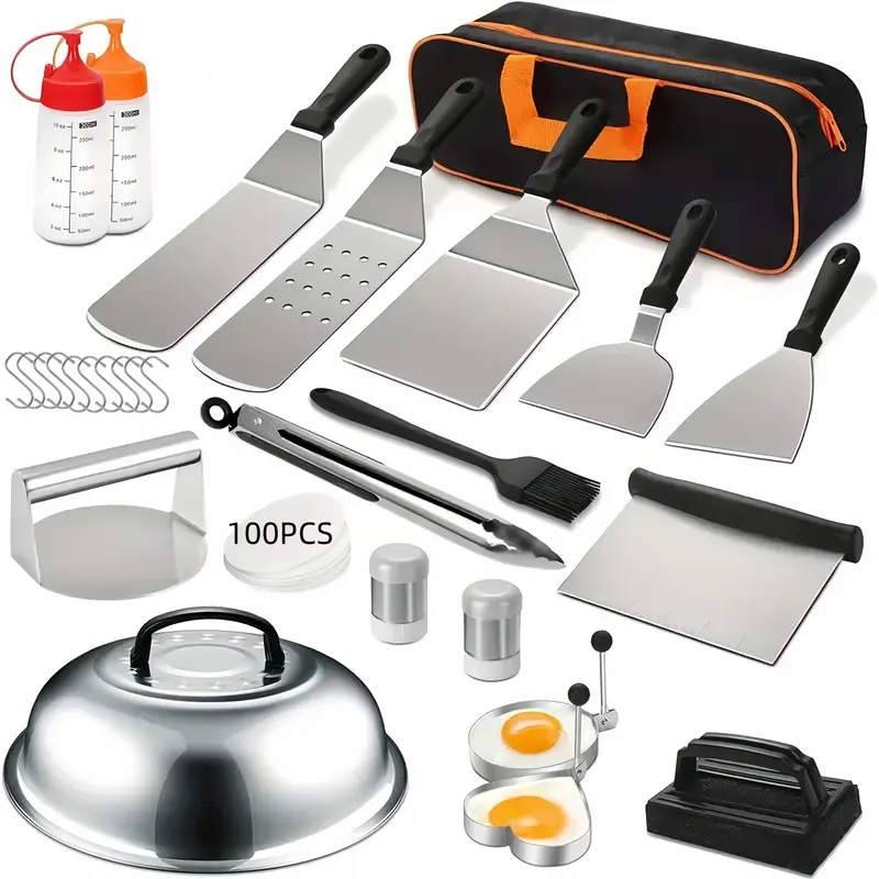 128pcs Stainless Steel BBQ Grill Accessory Kit, Food-Safe BBQ Tools Set, with Spatulas, Tongs, Basting Brush, Egg Rings, and ...